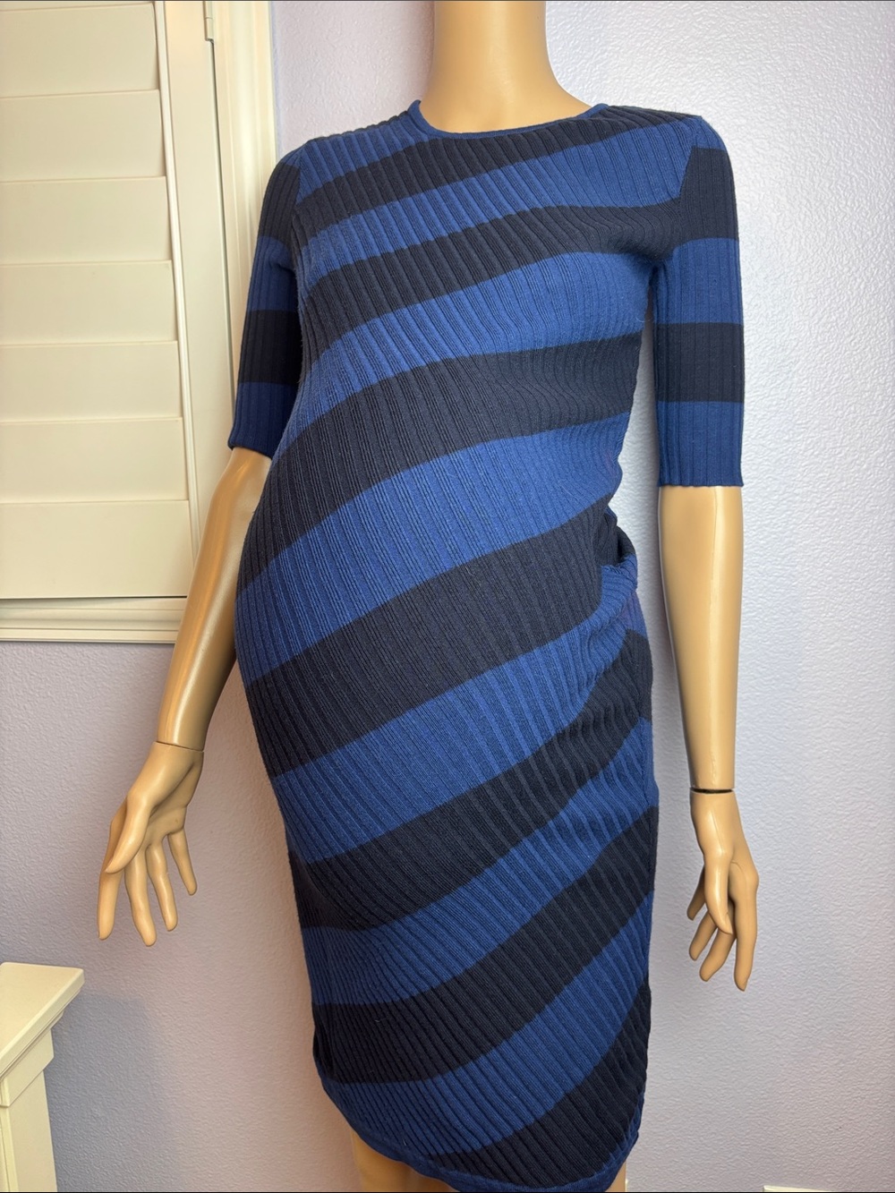 A Pea in the Pod Maternity Ribbed Knit Stripe Midi Dress - Blue & Black